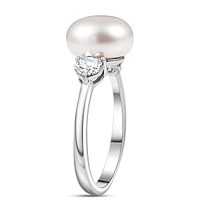 D'Joy Freshwater Pearl, Moissanite Ring in Rhodium Over Sterling Silver 0.50 ctw (Size 10.0)