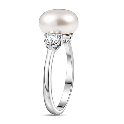 D'Joy Freshwater Pearl, Moissanite Ring in Rhodium Over Sterling Silver 0.50 ctw (Size 10.0)
