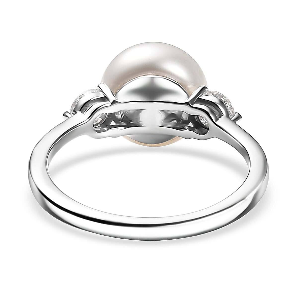 D'Joy Freshwater Pearl, Moissanite Ring in Rhodium Over Sterling Silver 0.50 ctw (Size 10.0)