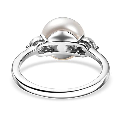 D'Joy Freshwater Pearl, Moissanite Ring in Rhodium Over Sterling Silver 0.50 ctw (Size 10.0)