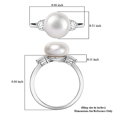 D'Joy Freshwater Pearl, Moissanite Ring in Rhodium Over Sterling Silver 0.50 ctw (Size 10.0)