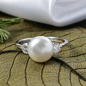 D'Joy Freshwater Pearl, Moissanite Ring in Rhodium Over Sterling Silver 0.50 ctw (Size 7.0)