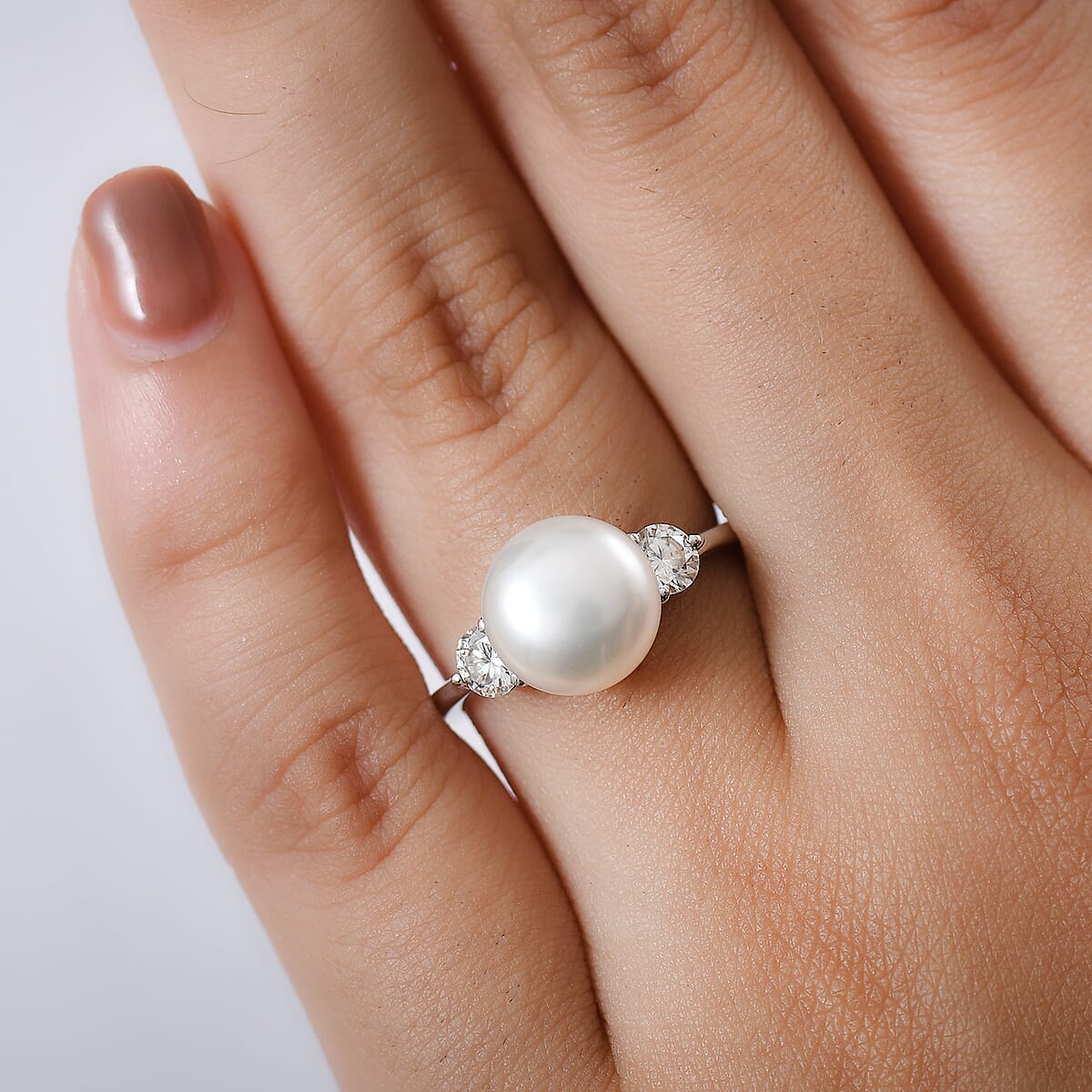 D'Joy Freshwater Pearl and Moissanite 0.50 ctw Ring in Rhodium Over Sterling Silver (Size 7.0) image number 2