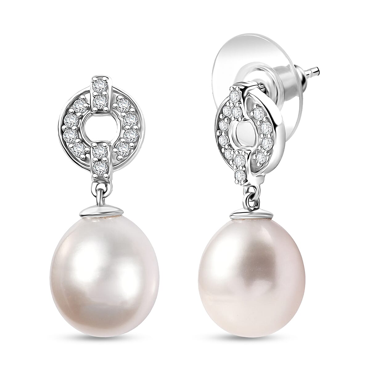 D'Joy Freshwater Pearl and White Zircon 0.50 ctw Earrings in Rhodium Over Sterling Silver image number 0