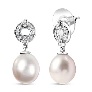 D'Joy Freshwater Pearl and White Zircon 0.50 ctw Earrings in Rhodium Over Sterling Silver