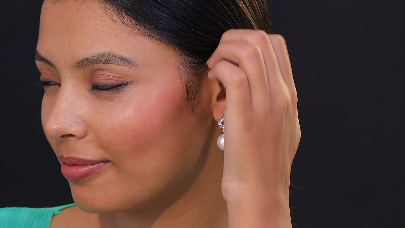 D'Joy Freshwater Pearl and White Zircon 0.50 ctw Earrings in Rhodium Over Sterling Silver