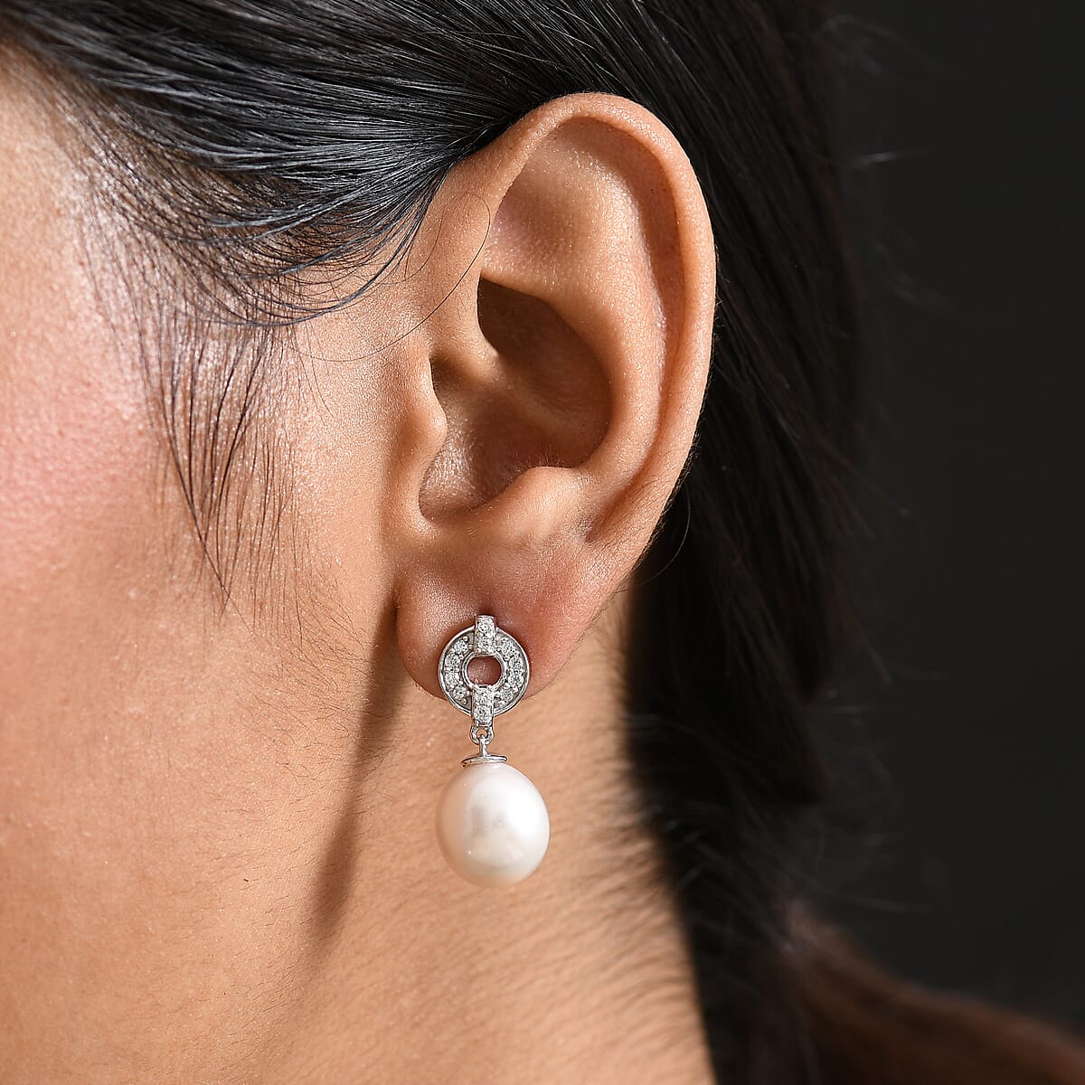 D'Joy Freshwater Pearl and White Zircon 0.50 ctw Earrings in Rhodium Over Sterling Silver image number 2