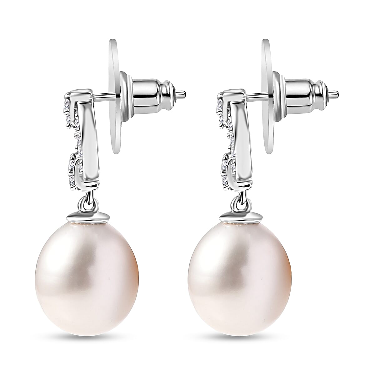 D'Joy Freshwater Pearl and White Zircon 0.50 ctw Earrings in Rhodium Over Sterling Silver image number 3