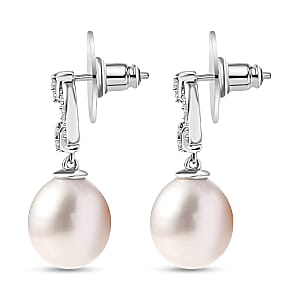 D'Joy Freshwater Pearl and White Zircon 0.50 ctw Earrings in Rhodium Over Sterling Silver