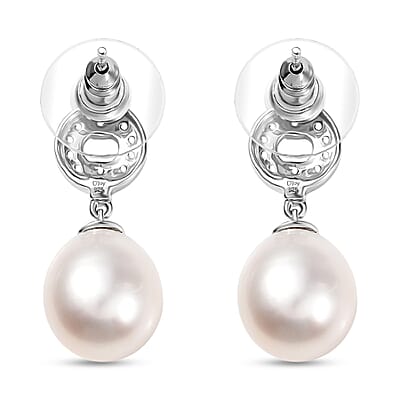 D'Joy Freshwater Pearl and White Zircon 0.50 ctw Earrings in Rhodium Over Sterling Silver