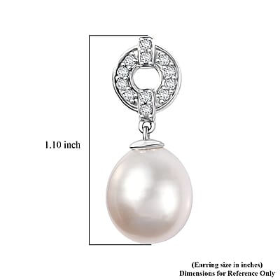 D'Joy Freshwater Pearl and White Zircon 0.50 ctw Earrings in Rhodium Over Sterling Silver