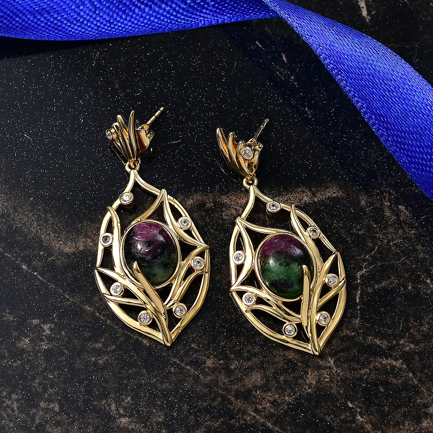 EverTrue Ruby Zoisite and White Zircon 10.65 ctw Earrings in 18K YG Plated