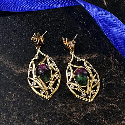 EverTrue Ruby Zoisite and White Zircon 10.65 ctw Earrings in 18K YG Plated