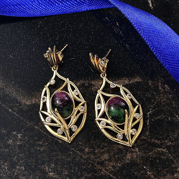EverTrue Ruby Zoisite and White Zircon 10.65 ctw Earrings in 18K YG Plated