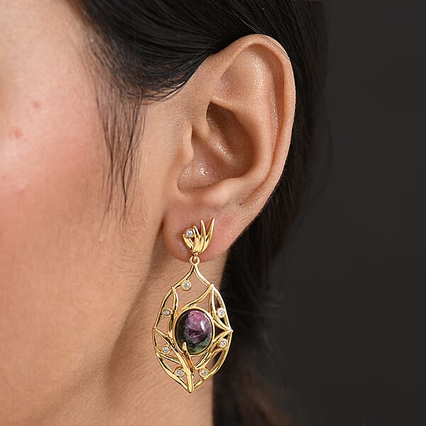 EverTrue Ruby Zoisite and White Zircon 10.65 ctw Earrings in 18K YG Plated