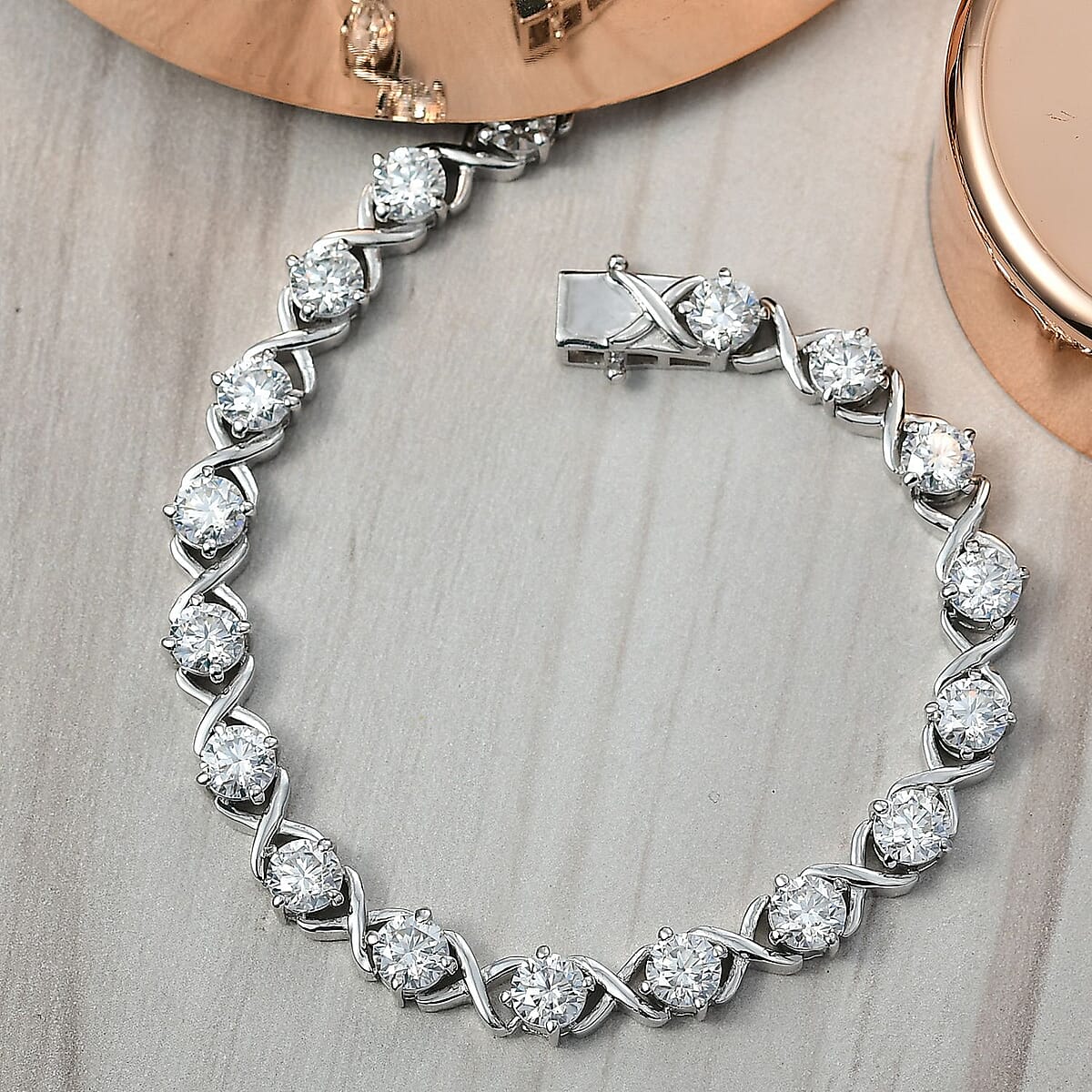 D'Joy Moissanite 10.00 ctw XOXO Bracelet in Rhodium Over Sterling Silver (8.00 In) image number 1