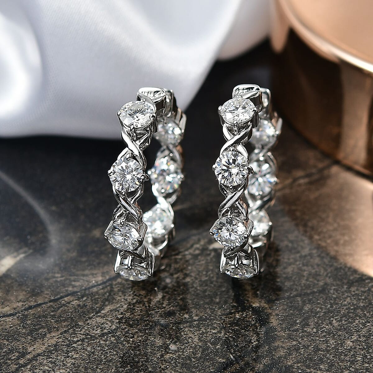 D'Joy Moissanite 6.65 ctw XOXO Hoop Earrings in Rhodium Over Sterling Silver image number 1