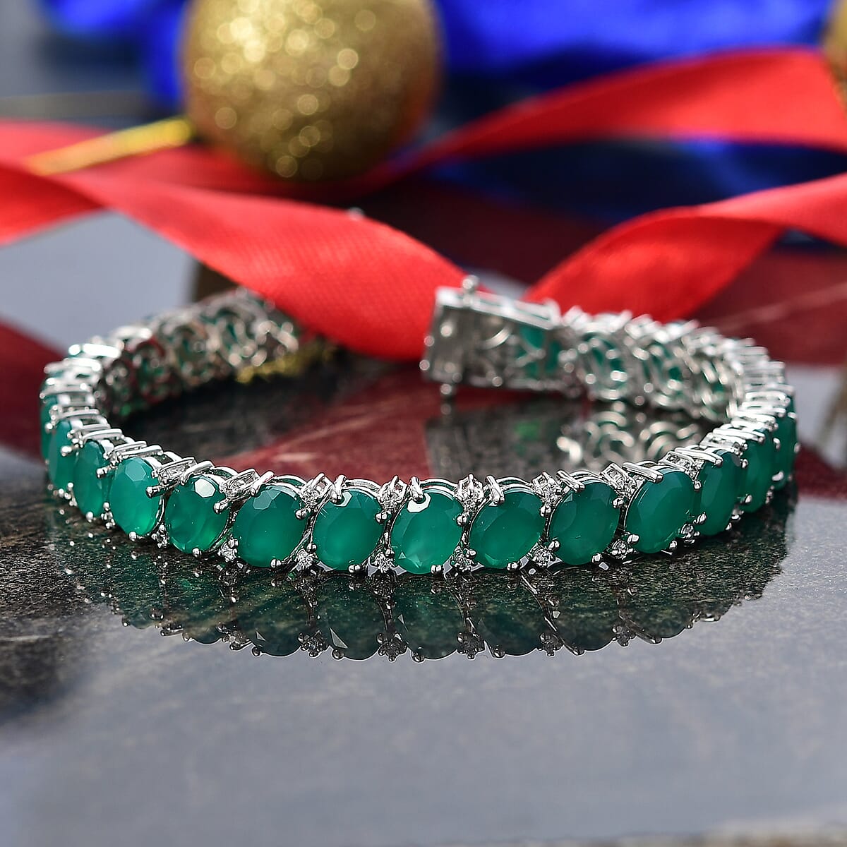 EverTrue Verde Onyx, White Zircon Bracelet in Platinum Bond (8.00 In) 37.60 ctw image number 1