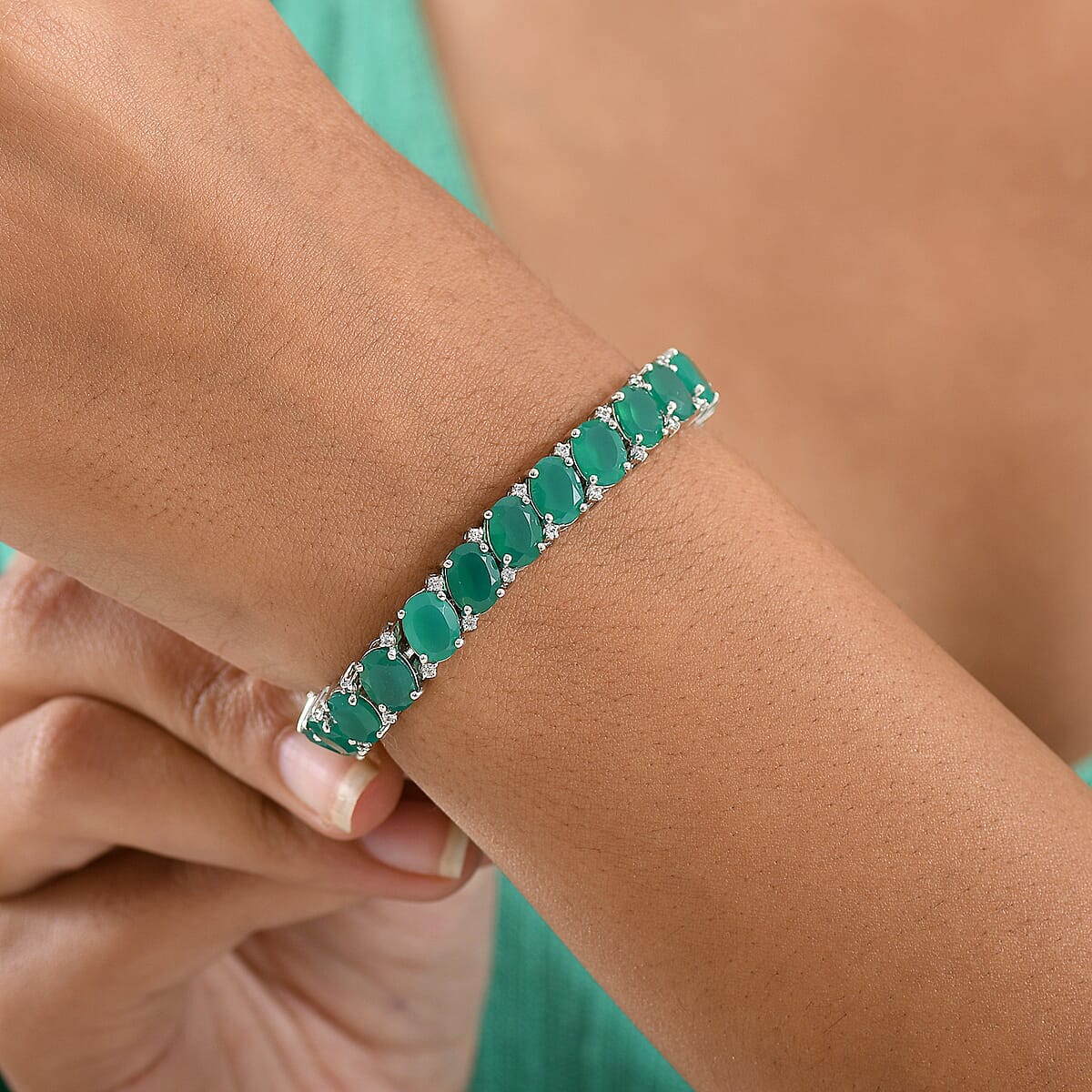 EverTrue Verde Onyx, White Zircon Bracelet in Platinum Bond (8.00 In) 37.60 ctw image number 2