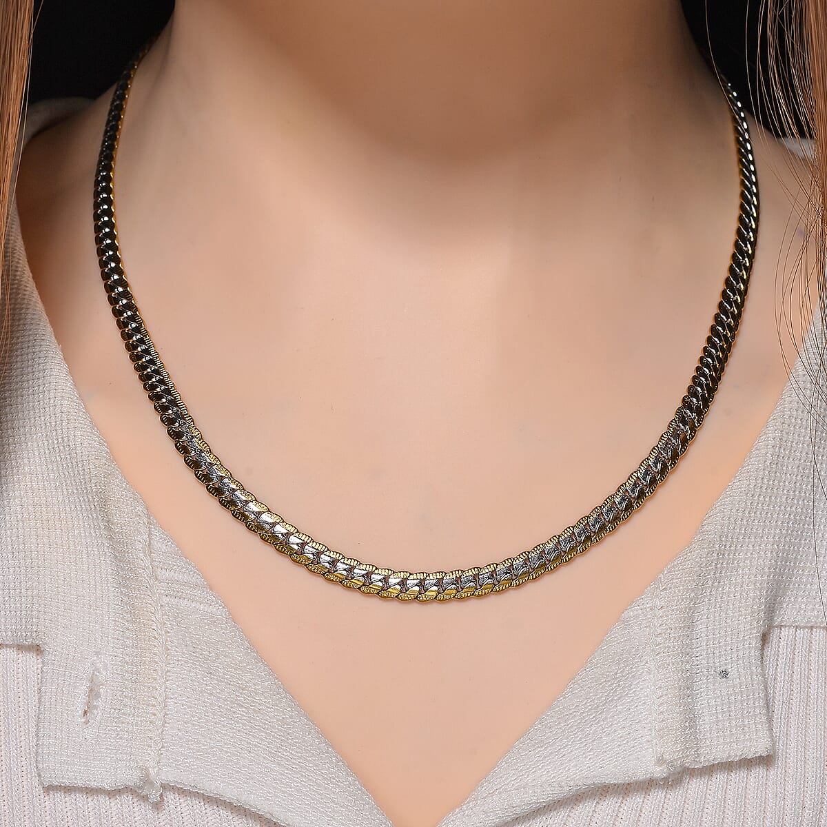 Flat Curb Chain Necklace in ION Plated YG and Stainless Steel 20-22 Inches image number 1