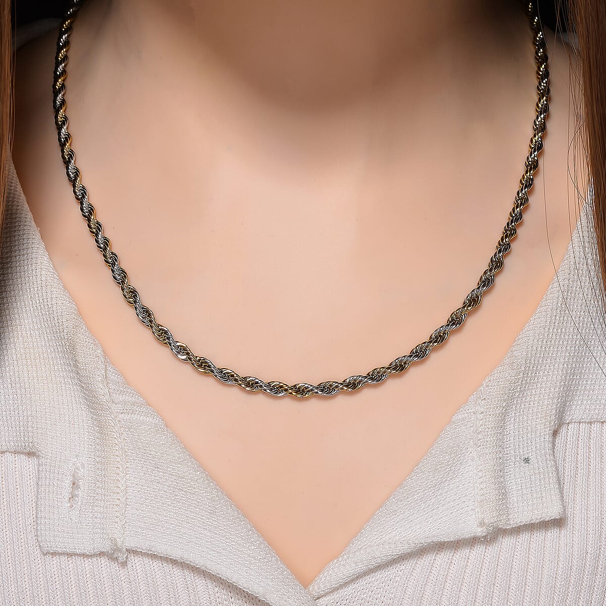 Rope Chain Necklace in ION Plated YG and Stainless Steel 20-22 Inches image number 1