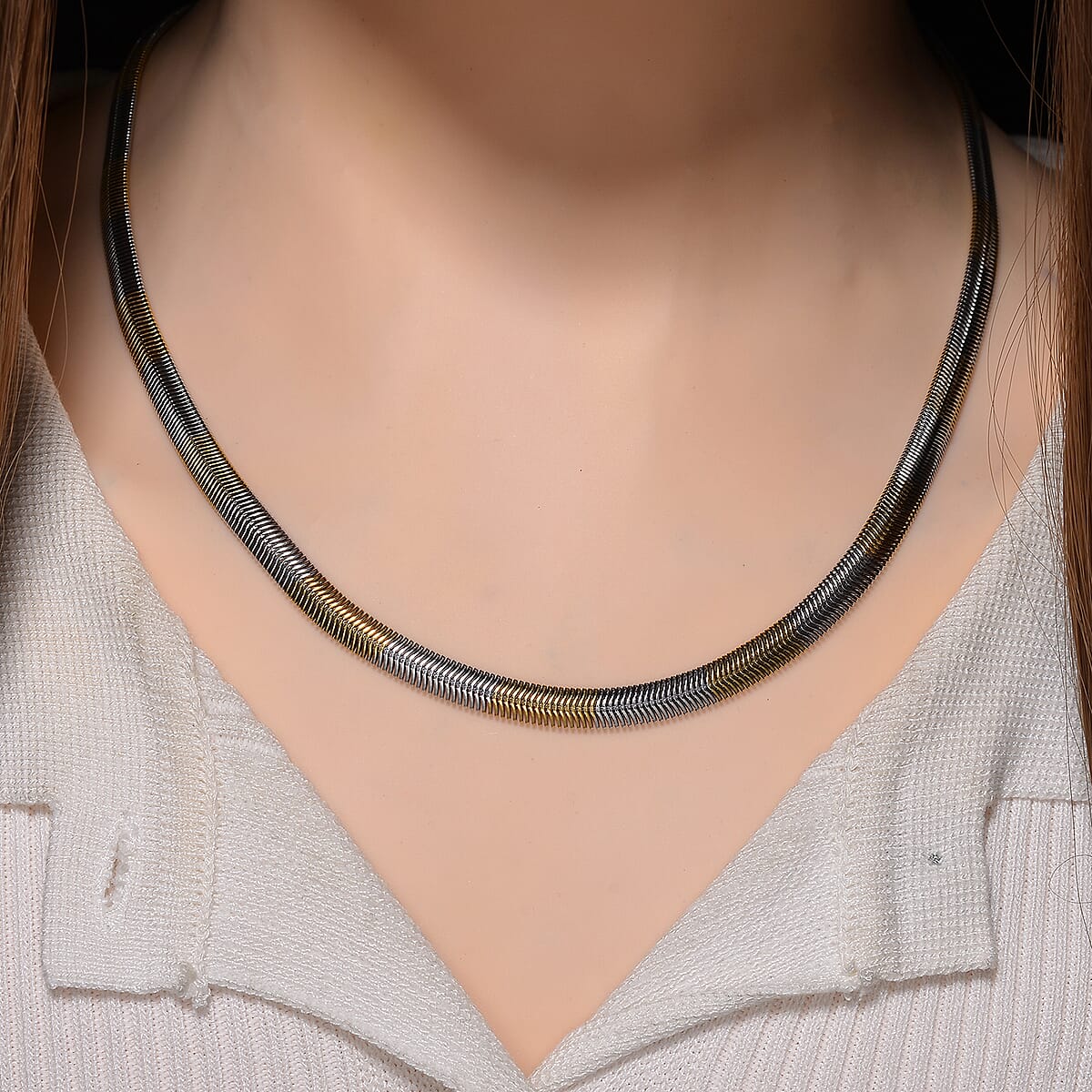 Two-tone Flat Snake Chain Necklace in ION Plated YG and Stainless Steel 20-22 Inches image number 2
