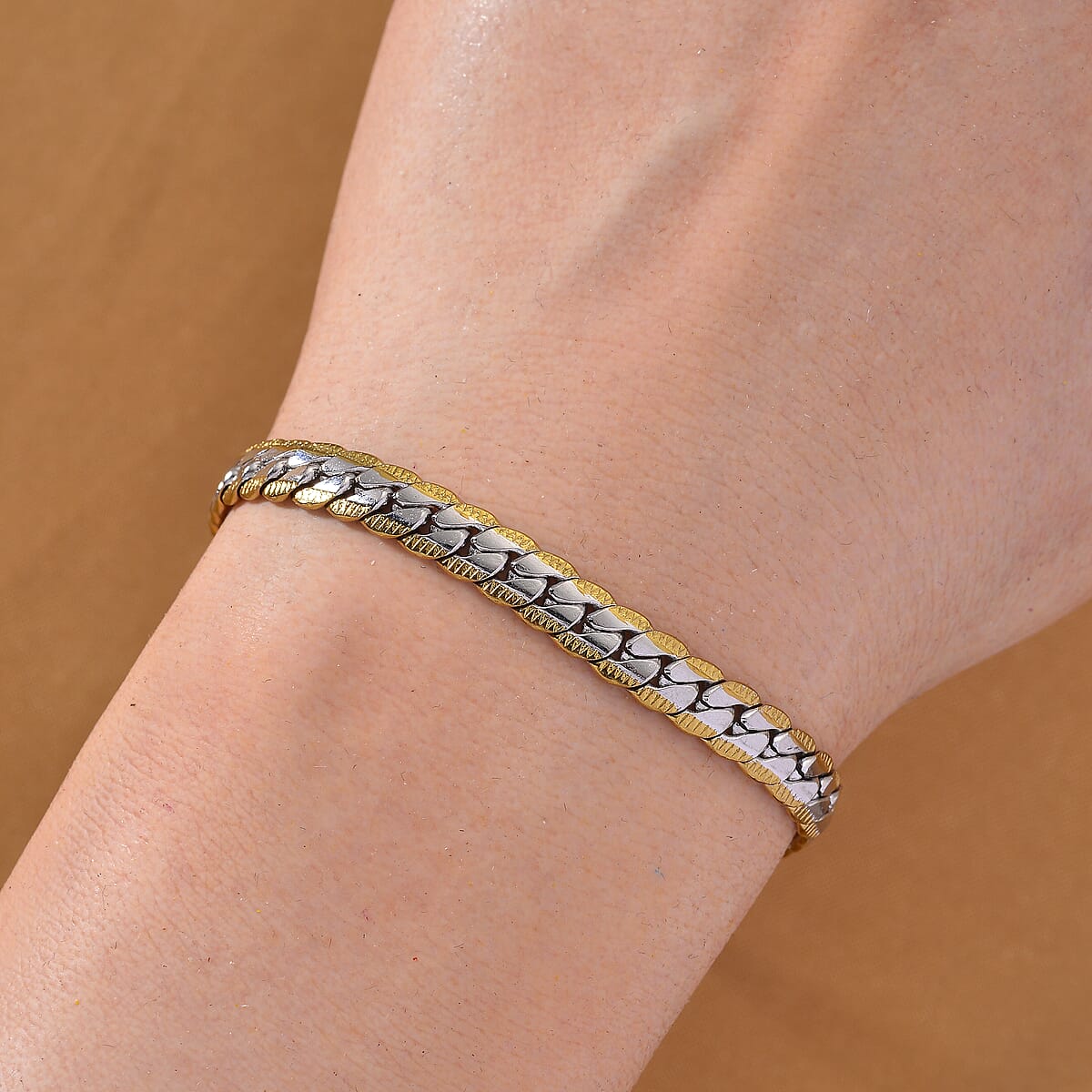 Flat Curb Chain Bracelet in ION Plated YG and Stainless Steel (7.5-9.5In) image number 2