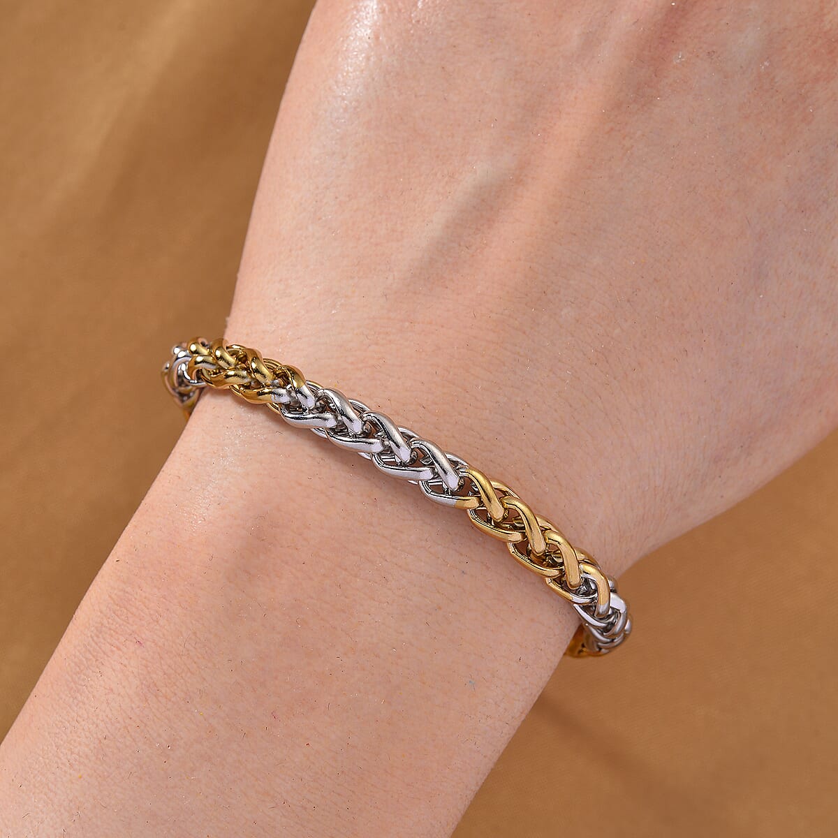 Two-tone Palma Spiga Chain Bracelet (7.5-9.5In) in ION Plated YG and Stainless Steel image number 2