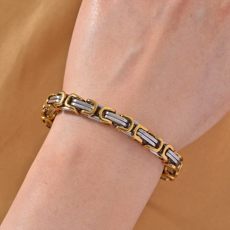 Two-tone Byzantine Chain Bracelet (7.5-9.5In) in ION Plated YG and Stainless Steel