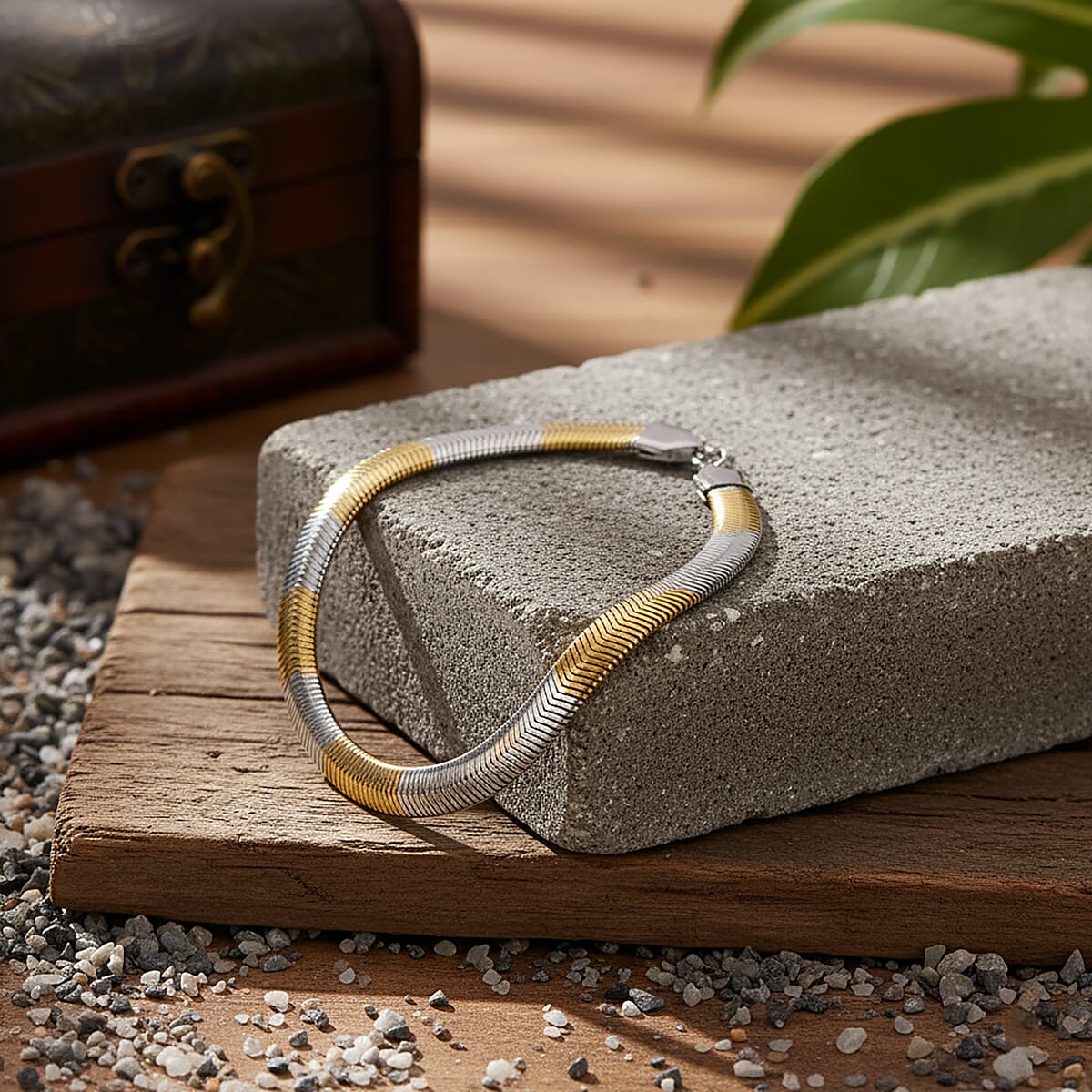 Two-tone Flat Snake Chain Bracelet (7.5-9.5In) in ION Plated YG and Stainless Steel image number 1