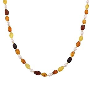 D'Joy Baltic Amber and Freshwater Pearl Necklace in Sterling Silver (30 Inches)