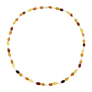 D'Joy Baltic Amber and Freshwater Pearl Necklace in Sterling Silver (30 Inches)