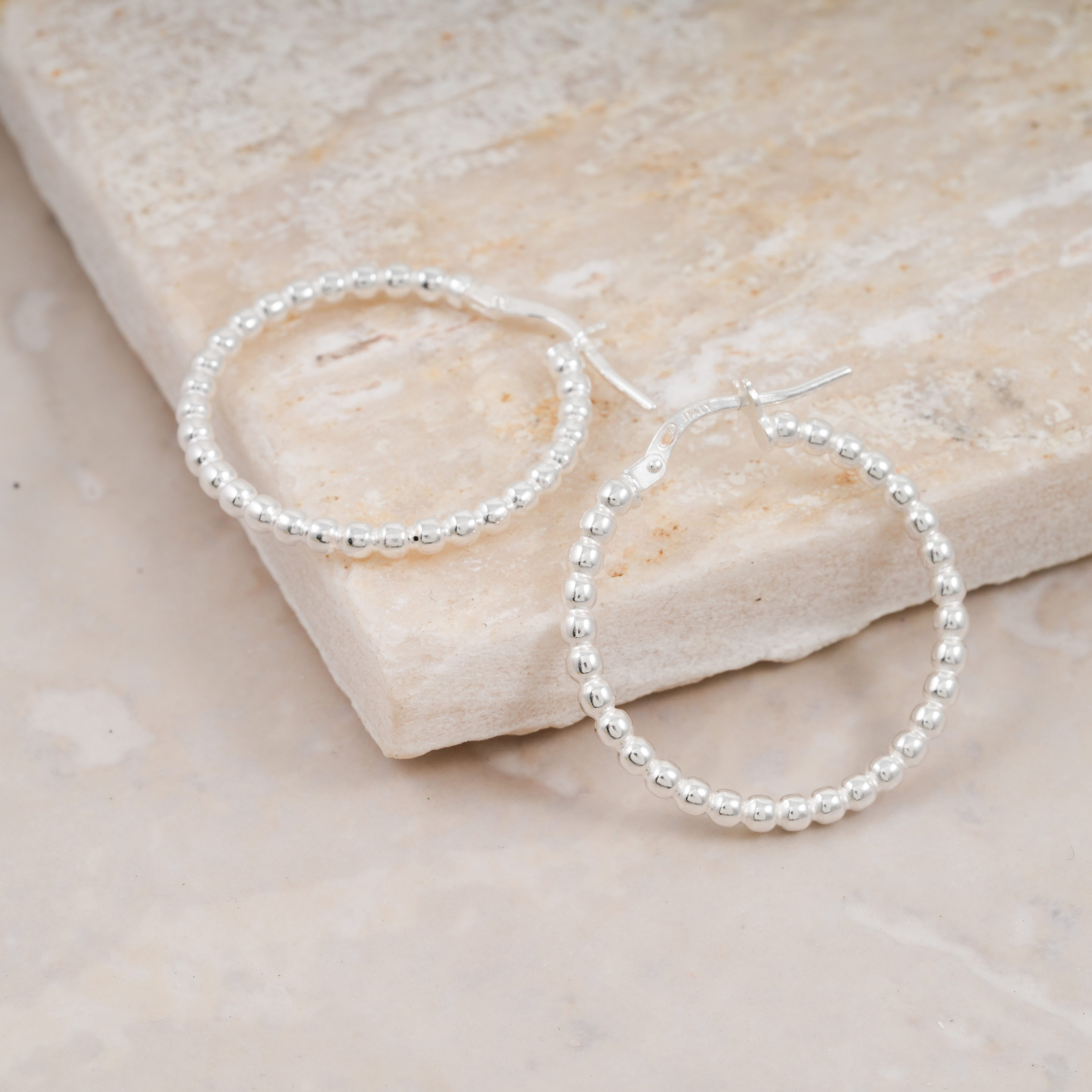 Italian Oval Bead Hoop Earrings in Sterling Silver 3.43 Grams