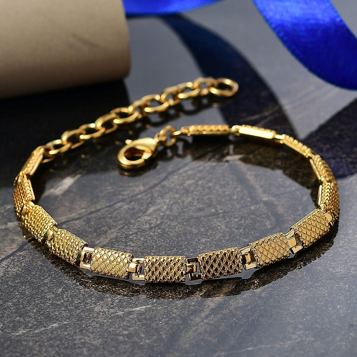 EverTrue Bronzella Collection Rectangular Dragon Scale Link Bracelet in 18K YG Plated Bronze (6.50-8.0In) image number 1