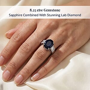 AAA Kanchanaburi Blue Sapphire (DF) and G-H SI Luxuriant Lab Grown Diamond 8.25 ctw Midnight Majesty Ring in 10K White Gold (Size 6.0) 