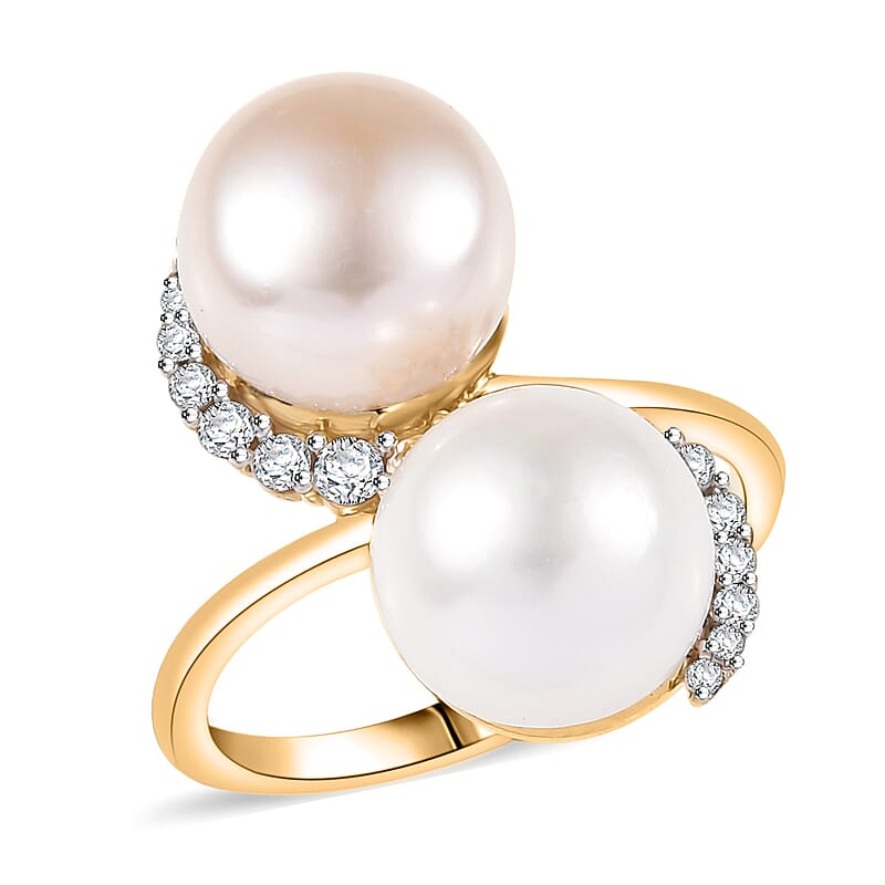 D'Joy Freshwater Peach/White Pearl, White Zircon Bypass Ring in 18K Vermeil YG Over Sterling Silver 0.50 ctw (Size 10.0)