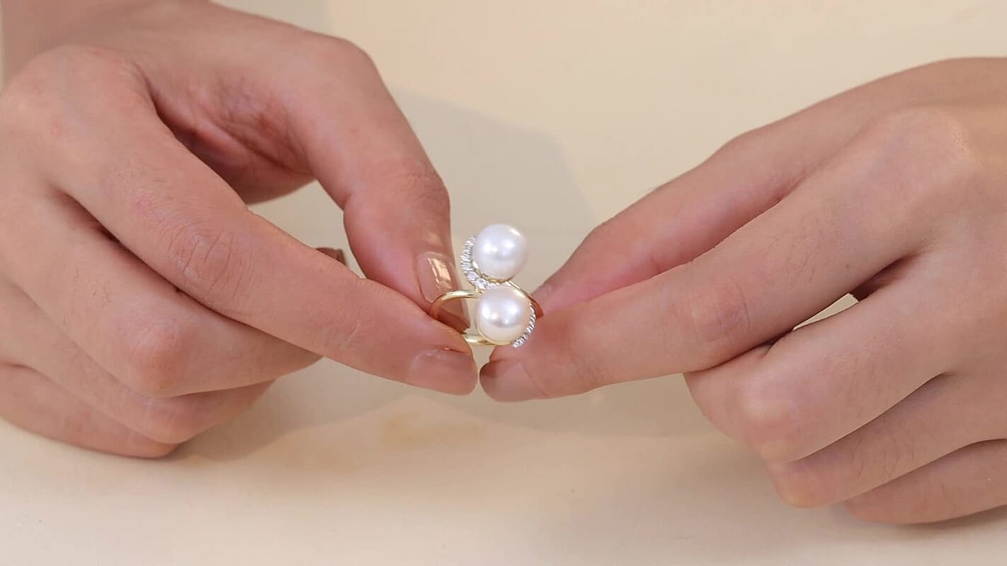 D'Joy Freshwater Peach and White Pearl, White Zircon 0.50 ctw Bypass Ring in 18K Vermeil Yellow Gold Over Sterling Silver