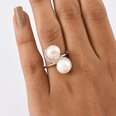 D'Joy Freshwater Peach/White Pearl, White Zircon Bypass Ring in 18K Vermeil YG Over Sterling Silver 0.50 ctw (Size 10.0)