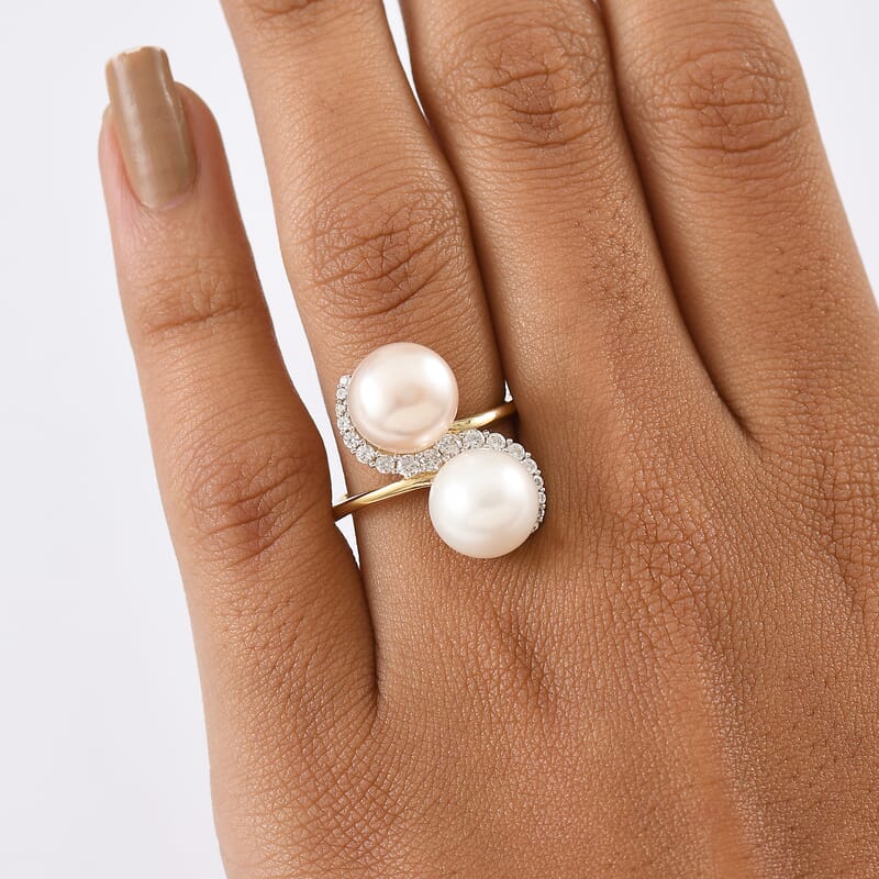 D'Joy Freshwater Peach/White Pearl, White Zircon Bypass Ring in 18K Vermeil YG Over Sterling Silver 0.50 ctw (Size 10.0)
