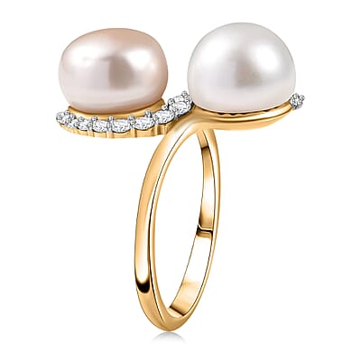 D'Joy Freshwater Peach/White Pearl, White Zircon Bypass Ring in 18K Vermeil YG Over Sterling Silver 0.50 ctw (Size 10.0)