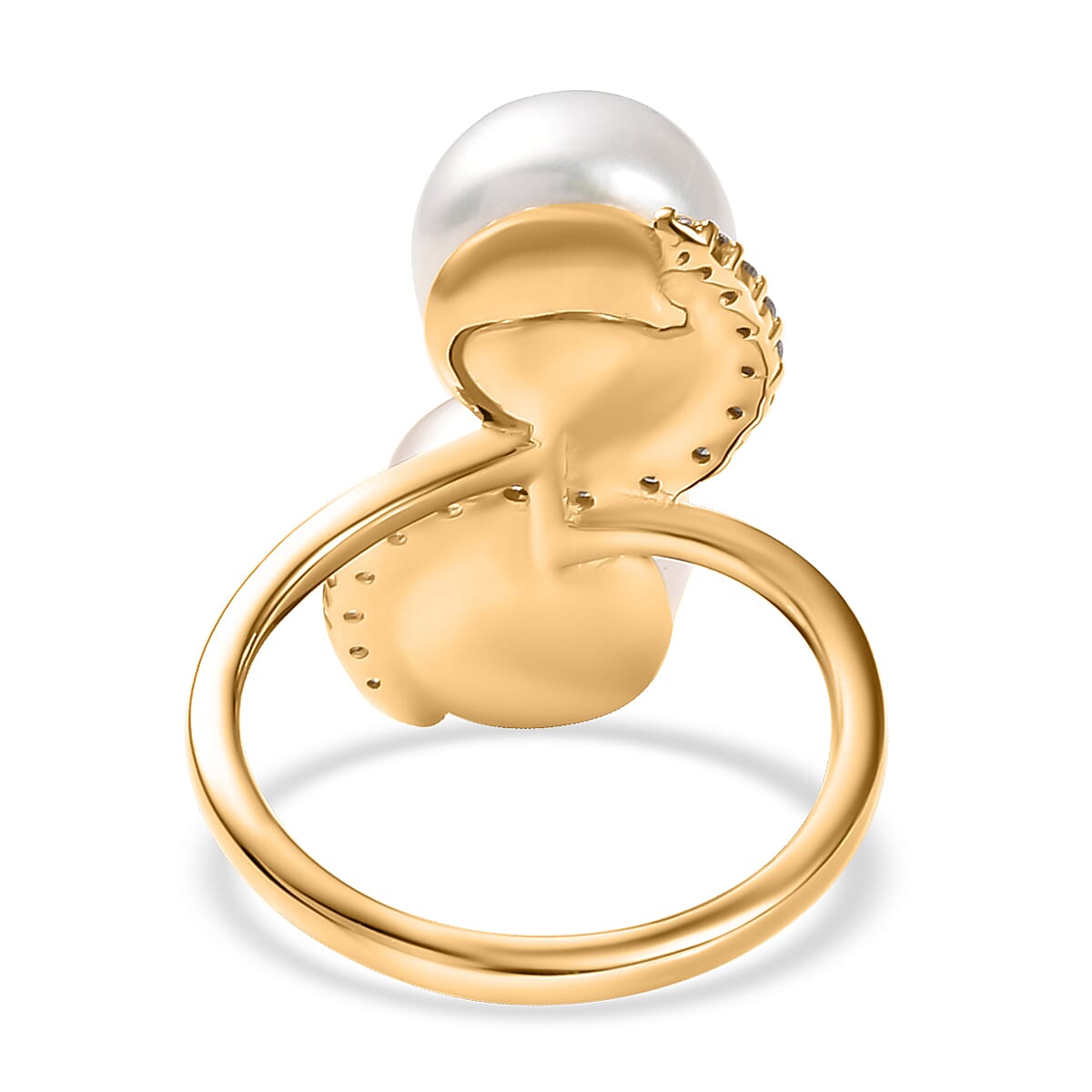 D'Joy Freshwater Peach/White Pearl, White Zircon Bypass Ring in 18K Vermeil YG Over Sterling Silver 0.50 ctw (Size 10.0) image number 4