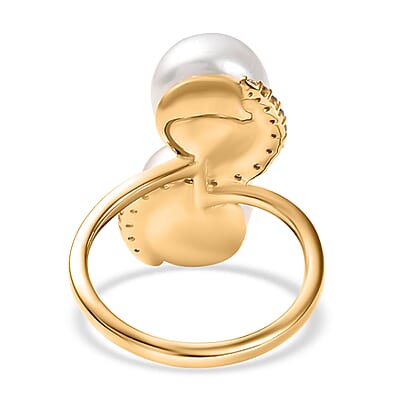 D'Joy Freshwater Peach/White Pearl, White Zircon Bypass Ring in 18K Vermeil YG Over Sterling Silver 0.50 ctw (Size 10.0)