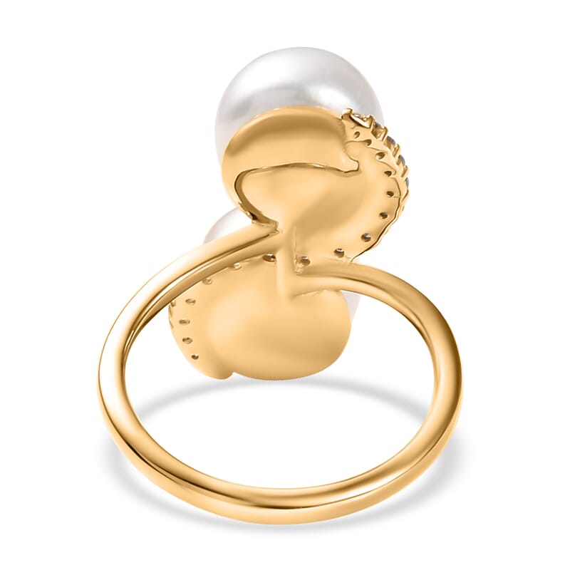 D'Joy Freshwater Peach/White Pearl, White Zircon Bypass Ring in 18K Vermeil YG Over Sterling Silver 0.50 ctw (Size 10.0)