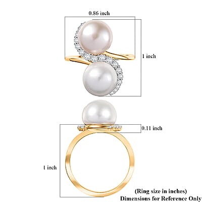 D'Joy Freshwater Peach/White Pearl, White Zircon Bypass Ring in 18K Vermeil YG Over Sterling Silver 0.50 ctw (Size 10.0)