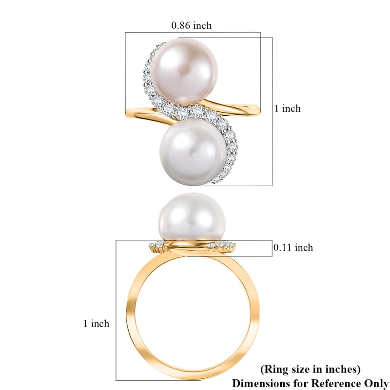 D'Joy Freshwater Peach/White Pearl, White Zircon Bypass Ring in 18K Vermeil YG Over Sterling Silver 0.50 ctw (Size 10.0)