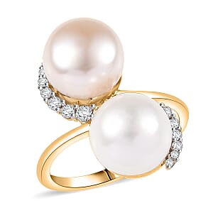 D'Joy Freshwater Peach/White Pearl, White Zircon Bypass Ring in 18K Vermeil YG Over Sterling Silver 0.50 ctw (Size 5.0)