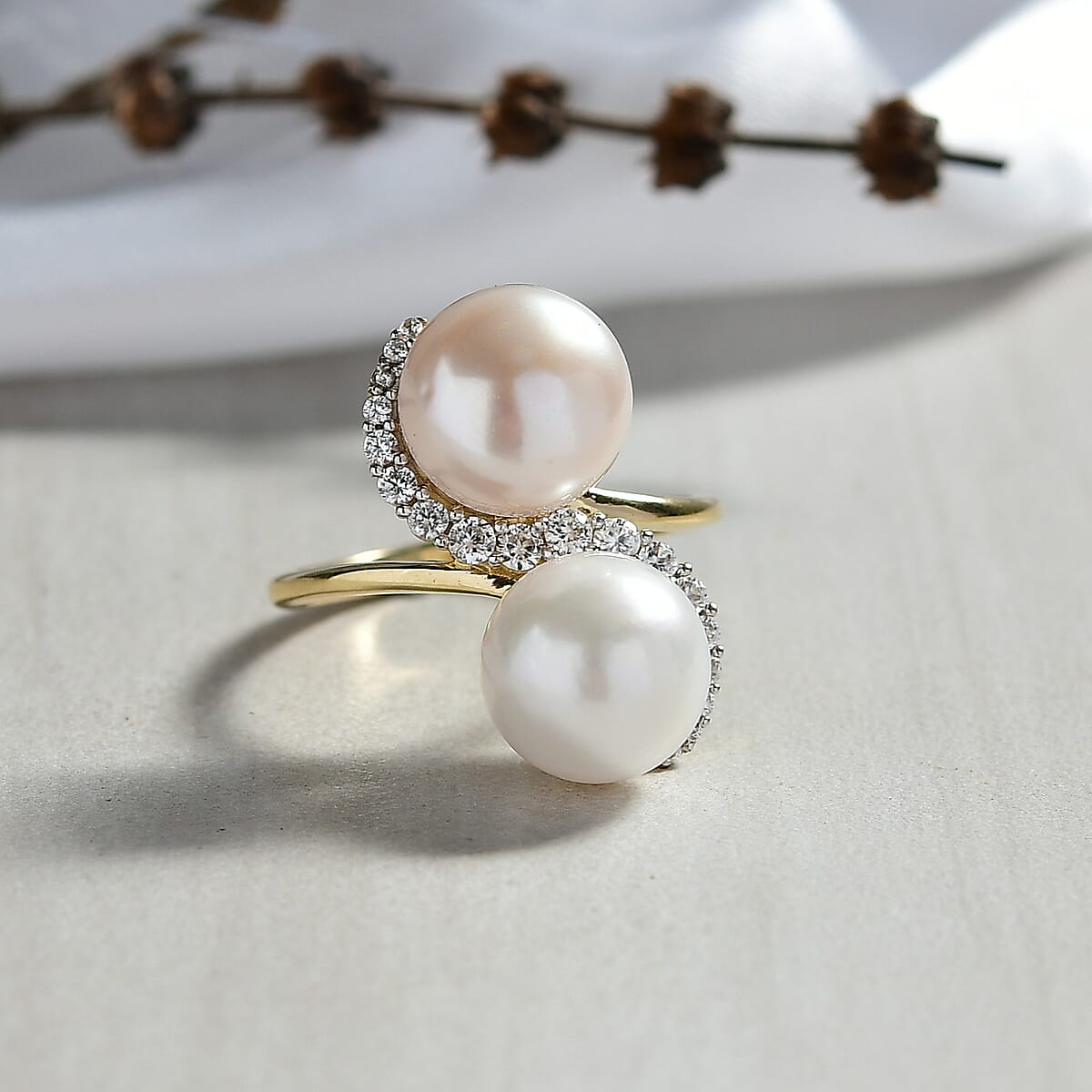 D'Joy Freshwater Peach/White Pearl, White Zircon Bypass Ring in 18K Vermeil YG Over Sterling Silver 0.50 ctw (Size 5.0) image number 1