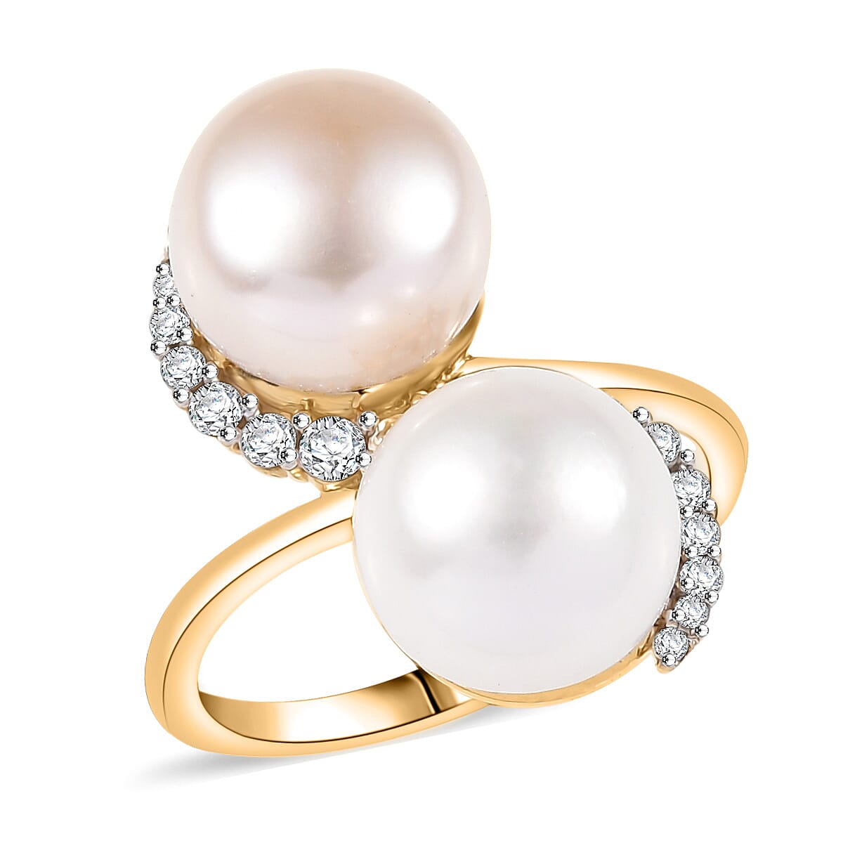 D'Joy Freshwater Peach and White Pearl, White Zircon 0.50 ctw Bypass Ring in 18K Vermeil Yellow Gold Over Sterling Silver (Size 7.0) image number 0
