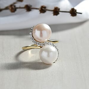 D'Joy Freshwater Peach/White Pearl, White Zircon Bypass Ring in 18K Vermeil YG Over Sterling Silver 0.50 ctw (Size 7.0)