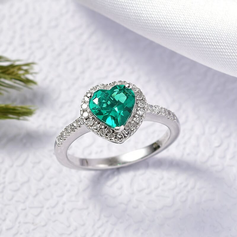 Luxuriant Lab Grown Colombian Emerald and Lab Grown Diamond 2.11 ctw Ring in Rhodium Over Sterling Silver (Size 9.0)